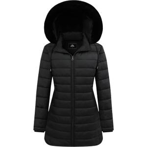 GOLDLADIES Women's Waterproof Long Down Jacket,Warm Winter Hooded Puffer Coat Thickened for Hiking Outdoor (Black, M)
