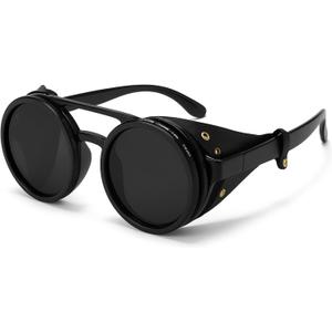 Adjustable Tint Steampunk Sunglasses  ND Filter, UV400 Polarized  Retro Round Shades, Leather Side Shields (Classic Black)