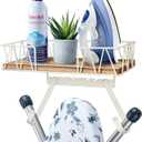 TJ.MOREE Ironing Board Hanger Wall Mount - Laundry Room Decor Iron and Ironing Board Holder with Large Storage Wooden Base Basket and Removable Hooks(T&V Shaped) Cream