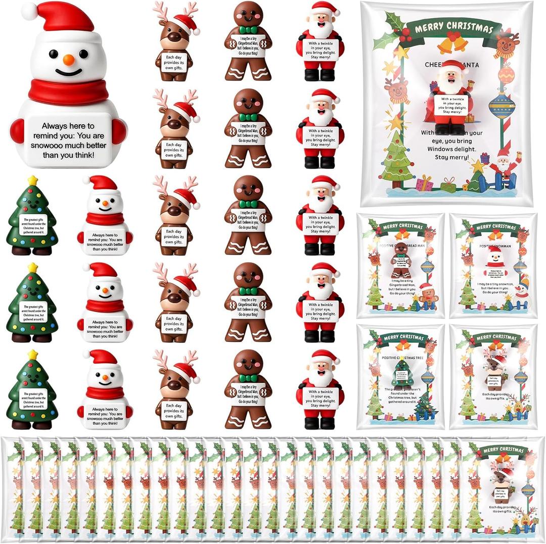 Gejoy 25 Set Positive Mini Figurines Gifts Miniature Emotional Mini Rubber Toy with Positive Card Gift Bags Inspirational Birthday Gifts for Coworkers Employees (Santa Style)