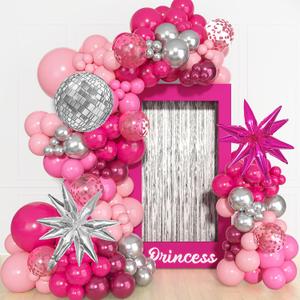 145Pcs Princess Pink and Silver Valentines Balloon Garland Arch Kit, Hot Pink Confetti 4D Star Disco Ball Crown Balloons for Girls Women Bridal Baby Shower Makeup Bachelorette Birthday Party Decors