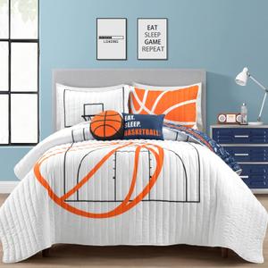 Lush Decor Basketball Game Reversible Quilt Queen Size 5 Piece Set, Full/Queen White & Navy - Kids Bedding Set - Queen Size Quilt - Sports Dcor