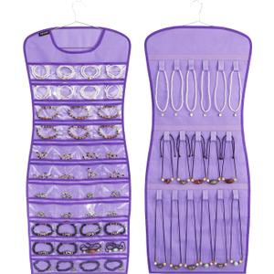Dual sided Jewelry Hanging Organizer Closet Necklace Holder for Earrings Bracelets Rings with 42 Clear Pockets and 17 Hook Loops (Purple