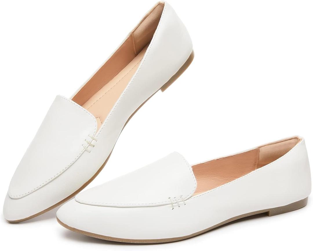 FINIWOR Loafers for Women Flats Shoes Women Pointed Toe Dress Shoes Comfortable Memory Foam Penny Loafers Slip On Shoes 9, White