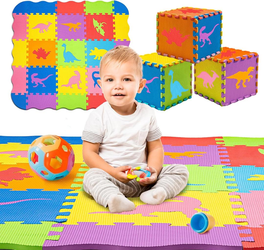 TOYVELT 25-Pack 12x12 Foam Puzzle Floor Mat for Kids - Interlocking EVA Play Mats with Colors & Alphabet - Educational, Non-Toxic Flooring for Crawling, Playroom & Nursery (Dinosaur Theme) 