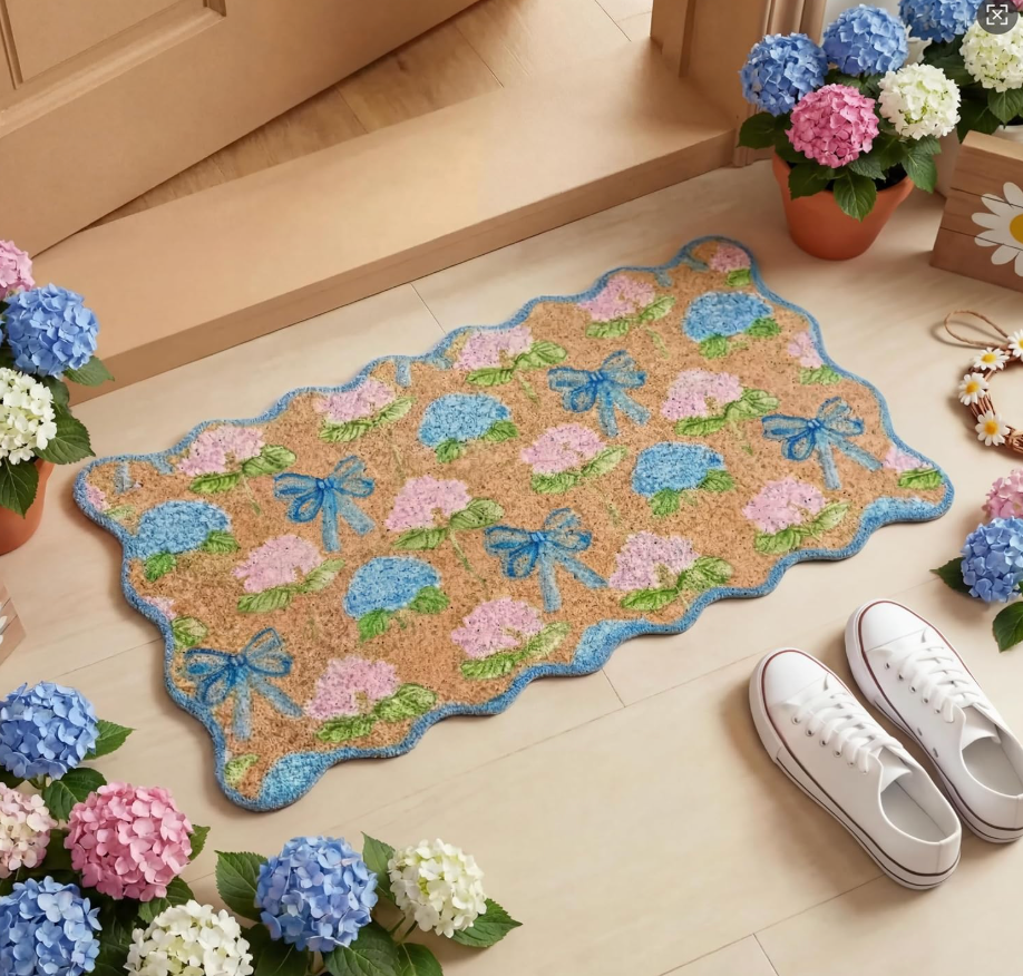 Dunzy Hydrangea Doormat Blue Scalloped Hydrangea Bow Coir Door Mat Spring Indoor Outdoor Front NonSlip Welcome Mat Decorative Rug for Home Entrance Porch