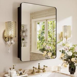 Medicine Cabinet with Mirror 20x30 Inch, Aluminum Bathroom Cabinet for Recessed or Surface Mount, Black Frame, Six Adjustable Glass Shelves, Soft Close Hinge, Reversible Door