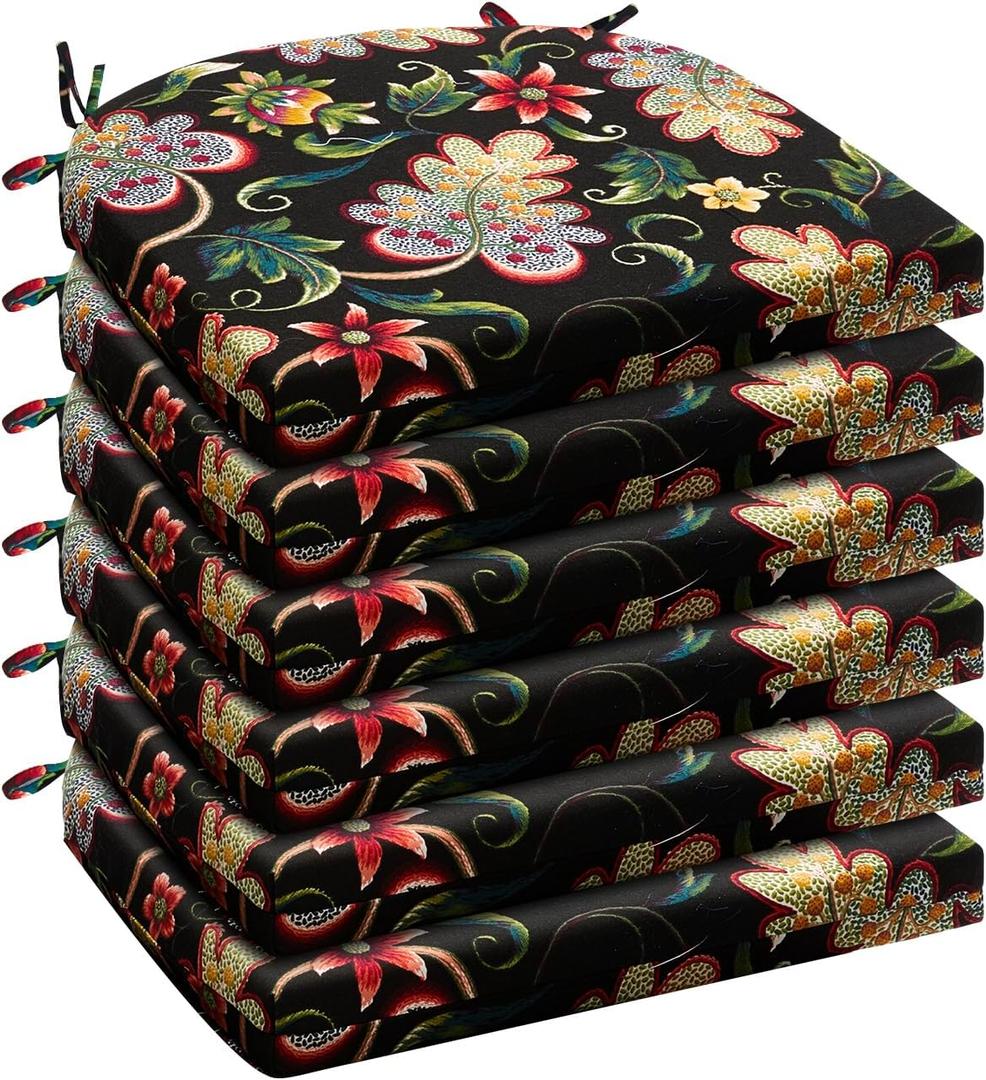 Wellsin Outdoor Chair Cushions for Patio Furniture - Patio Chair Cushions Set of 6 - Water Resistant Round Corner Outdoor Seat Cushions 17"X16"X2", Flower Black