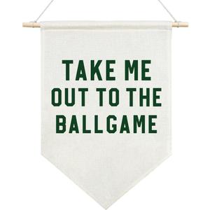 AGMDESIGN Take Me Out To The BallGame Canvas Hanging Pennant Flag Banner, Room Wall Decor, Home Playroom Kids Room Nurserys Flag Decor, Sports Fan Gifts for BallGame Lovers, Baseball Door Hanger (Beige-Green2)