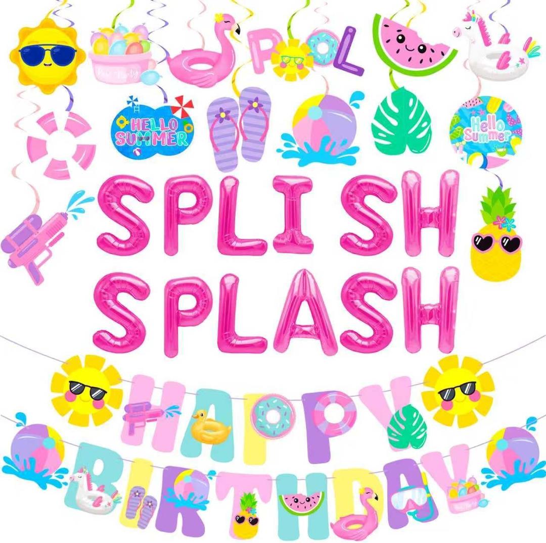 Splish Splash Birthday Decorations Foil Balloons Pool Birthday Party Banner Summer Pool Party Hanging Swirls for Girls Summer Beach Party Hawaiian Luau Tropical Party Decorations