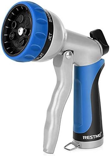 RESTMO Garden Hose Nozzle, Heavy Duty Metal Water Hose Nozzle with 7 Adjustable Spray Patterns, High Pressure Hand Sprayer with Flow Control, Best for Watering Plant & Lawn, Washing Car & Pet, Blue