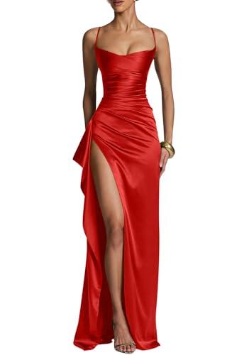 Memoriesea Women\'s Sleeveless Bodycon Spaghetti Strap Ruched Evening Party Maxi Dress Red, M