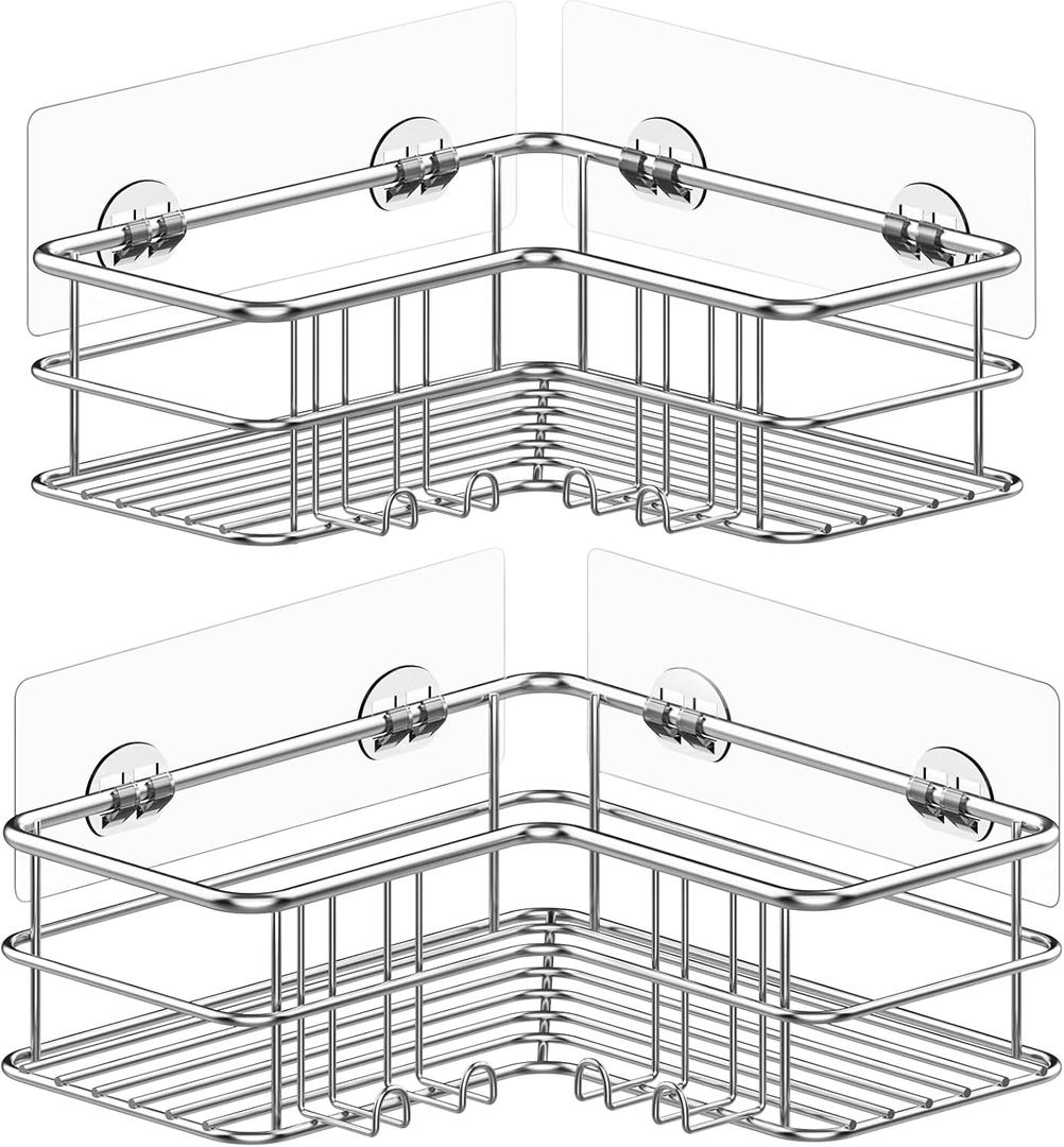 Menbyci 2 Pack Corner Shower Caddy, Adhesive Bathroom Shelf with 8 Hooks, Rustproof Stainless Steel Bathroom Organizer, No Drilling Shower Shelves Basket Wall Storage Rack Shampoo Holder (Silver)