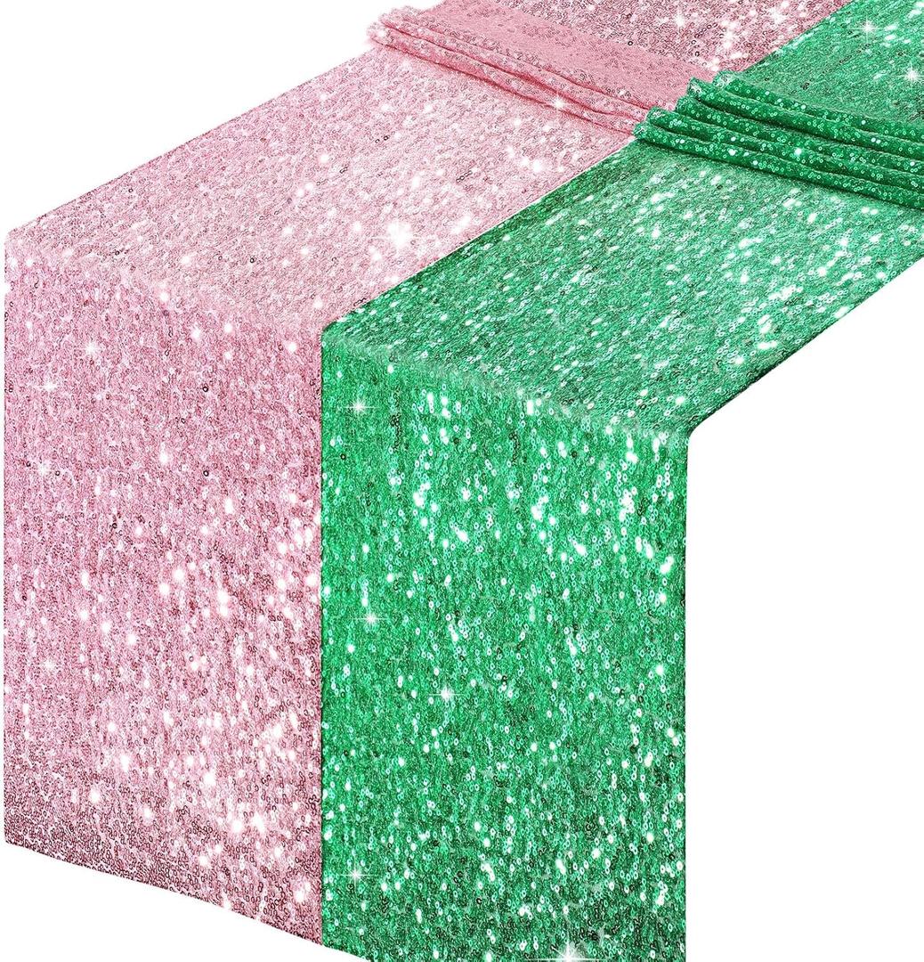 2 Packs 12 x 108 Inch Sequin Table Runner Pink and Green Glitter Dining Table Runner for Birthday Party Witch Princess Themed Party Supplies Wedding Holiday Baby Shower Events Decors