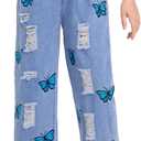 WDIRARA Girl's Butterfly Print Elastic Waist Wide Leg Ripped Jeans Denim Pants (Blue)