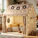 Kids Play Tent Indoor Outdoor Playhouse with Star Lights, Bunting Flags, Washable, Portable Carry Bag, Lattice Top, 47.2" x 39.3" x 52.2", Birthday Gift for Boys Girls