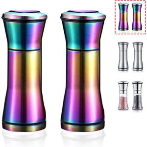 Rainbow Salt And Pepper Shakers, Kyraton Titanium Plating Stainless Steel Salt And Pepper Grinders Refillable Pepper Grinder, Pepper Mill, Salt Grinder, Salt Shaker, Salt Pepper Shaker Set of 2
