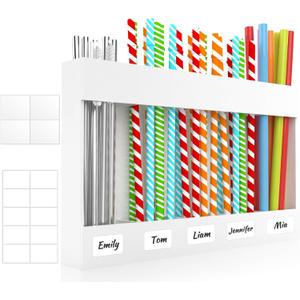 9.8 Large Acrylic Straw Holder for Cabinet Door with Ultra Sticky Adhesive Squares and Stickers, 2025 Reusable Straws Organizer Storage Dispenser for Kitchen Counter Cupboard(White)