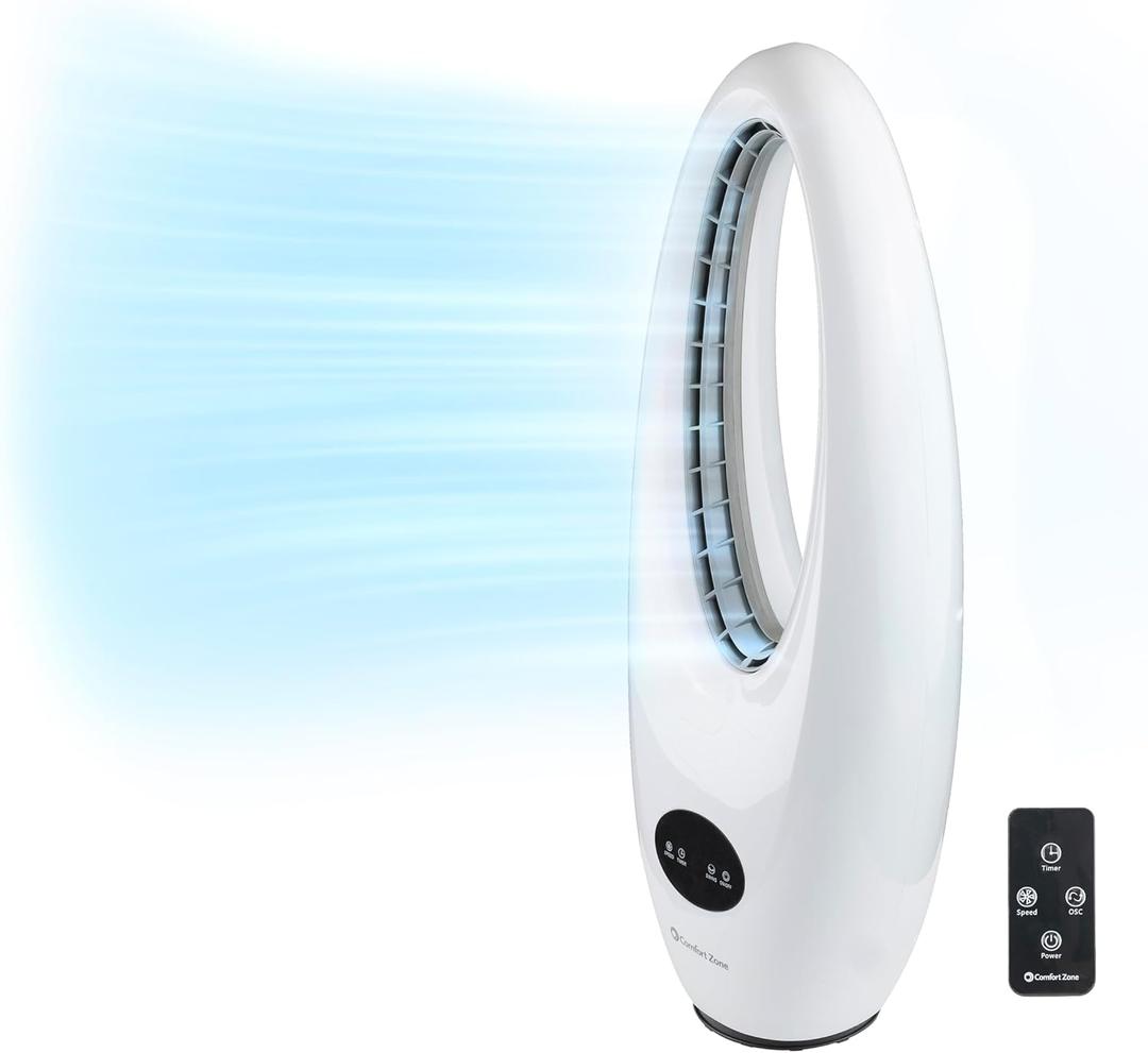 Comfort Zone 28-Inch Oscillating Bladeless Tower Fan with Remote Control, 3 Speeds, 70 Oscillation, Portable Tower Fan with 9-Hour Timer & LED Display Ideal for Home, Bedroom, Dorm, or Office