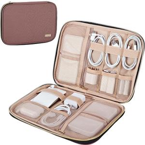 NISHEL Travel Cord Organizer Case, Tech Electronic Bag, Essentials for Charger, Cable, Phone, Hard Drive, USB, SD Card, Rosewood-Pink (Single Layer)