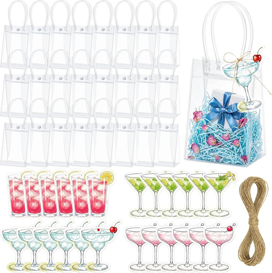 Maitys 24 Sets Clear Plastic Gift Bags with Handle Reusable PVC Transparent Party Favor Bags Goodie Tote Bag Bulk with Cocktail Card for Wedding Bachelorette Baby Shower Birthday Supplies