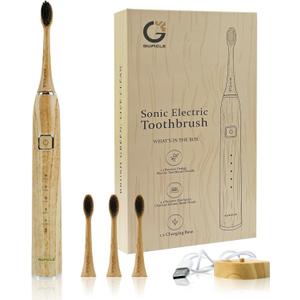Bamboo Electric Toothbrush with 4 Charcoal Infused Bamboo Brush Heads, 5 Modes, Sonic Technology, 38,000 VPM, 80-Day Battery Life, IPX7 Waterproof, Smart Timer for Adults (Wood)