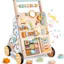 Wooden Baby Walker with Wheels, Push Walker with Baby Activity Center, Montessori Walking Toy for Girls Boys, Adjustable Speed & Height Activity Toy for Toddler Learning to Walk 12+ Months (Natural)
