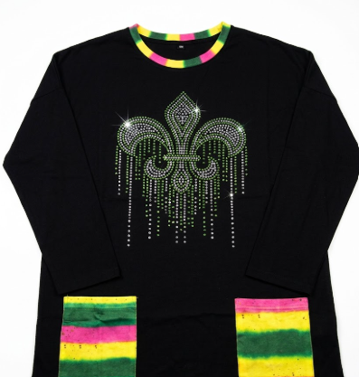 Women's Bold Black Long Sleeve Tunic | Vibrant Tie-Dye Accents & Stunning Rhinestone Fleur-de-lis | Unique Casual Comfort, Small