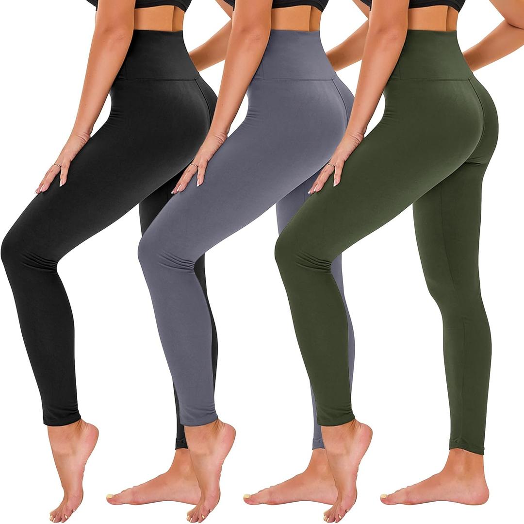 TNNZEET 3 Pack Leggings for Women - Black Tummy Control High Waisted Soft Yoga Pants for Workout Gym Running with Pockets (XX-Large, Black/ Dark Gray/ Olive)