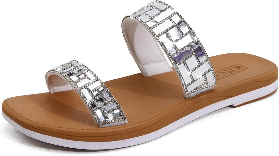 ONCAI Women's Slide Sandals Trendy Square Summer Flat Dressy Sandals for Women 2025 Cross Strappy Open Split-Toe Ring with Slip-on Rubber Soles, Silver Khaki（run Small,size Up）