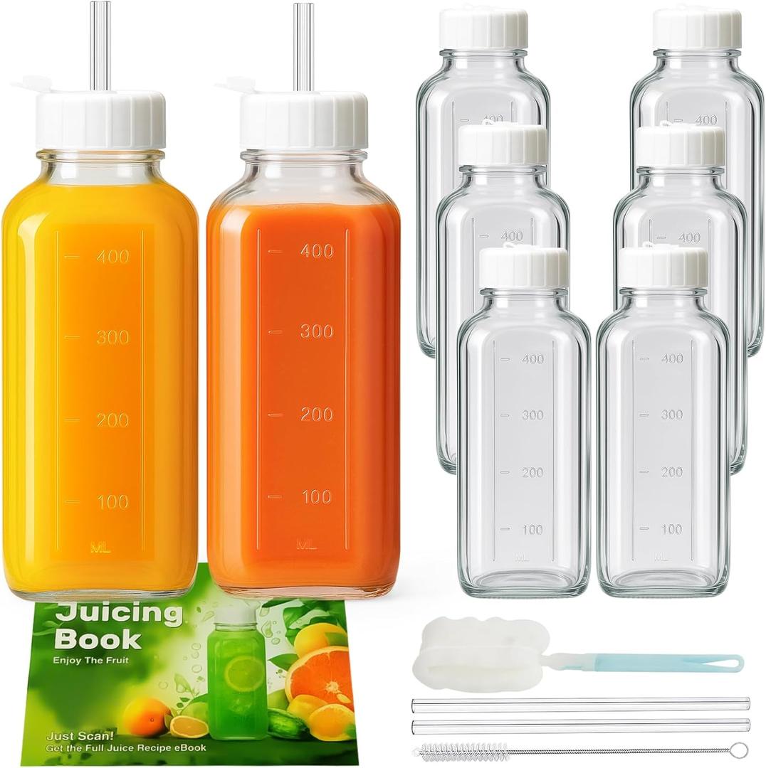 Ruckae 16 oz Glass Milk Bottles with Lids-Square Reusable Glass Juice Bottles with Capacity Marks,Leak-Proof Screw Caps- Juice Containers for Juicing, Smoothies,Breast Milk (8)