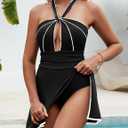 Zilcremo One Piece Swim Dress Tummy Control Swimsuits for Women Cutout Color Block Halter Skirted Bathing Suit (Black, XL)