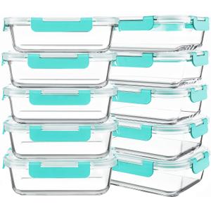 KOMUEE 10 Packs 30 oz Glass Meal Prep Containers,Glass Food Storage Containers with Lids,Airtight Lunch Bento Boxes,Microwave,Freezer and Dishwasher,Blue