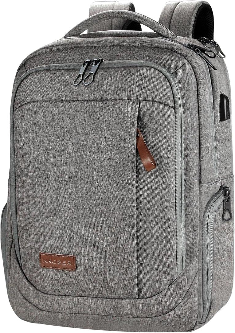 KROSER Laptop Backpack Large Computer Backpack Fits up to 17.3 Inch Laptop with USB Charging Port Water-Repellent Casual Daypack for Travel/Business/College/Women/Men-Grey