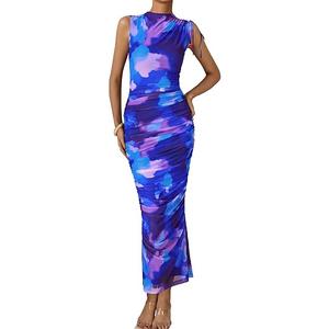 PRETTYGARDEN Women's Summer Maxi Floral Dresses Ruched Bodycon Sleeveless Mesh Formal Wedding Guest Cocktail Split Long Dress (Blue, M)