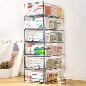 6 pack clear Drawer-Type Plastic Storage Box Bins Organizer/Medicine Container,Family First Aid Kits Medicine cabinet Box Organizer,Closet ShelfOintments, Adhesive BandagesCosmetics,Office Items