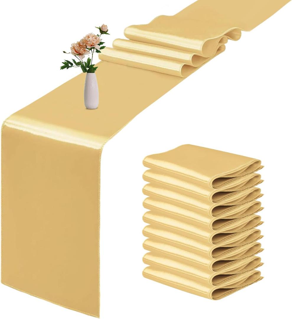 10 Pack Satin Table Runner 12 x 108 Inch Long Light Gold Smooth Silk Fabric Table Runner for Birthday Parties Wedding Banquets Decorations.