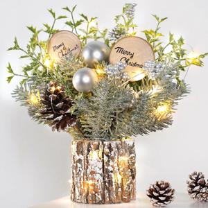 Small Table Top Christmas Tree with Lights, Mini Christmas Tree Decorations with Merry Christmas Pine Cones Berries Balls Ornaments for Home Party Office Centerpiece Indoor Decorations 12Inch, Silver