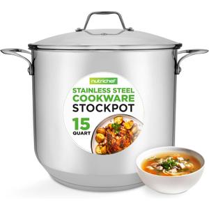 NutriChef 15-Quart Stainless Steel Stock Pot with Tempered Glass Lid - Induction Compatible Large Stockpot, Ideal for Stews & Soups, Dishwasher Safe - NCSP16