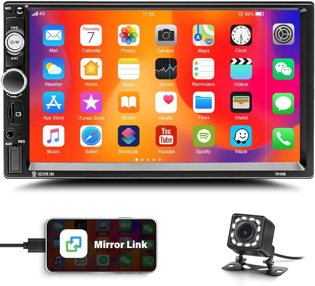 Double Din Bluetooth Car Stereo 7 Inch Car MP5 Player Digital Touch Screen Display Multimedia FM Radio Receiver USB/AUX in/SD in 2 Din Autoradio Phone Mirror Link Support Backup Camera+Remote Control