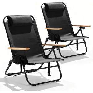 2 Pack Premium 5-Position Reclining Camping Chair - Portable Folding Lightweight Outdoor Chair with Wooden Armrests, Headrest & Pockets, 350lbs Heavy Duty for Beach, Patio, Backyard, Black