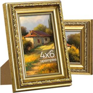 upsimples 4x6 Picture Frame with Real Glass, Ornate Vintage 4 x 6 Photo Frames for Wall Decor or Tabletop Display, Gold, 2 Pack