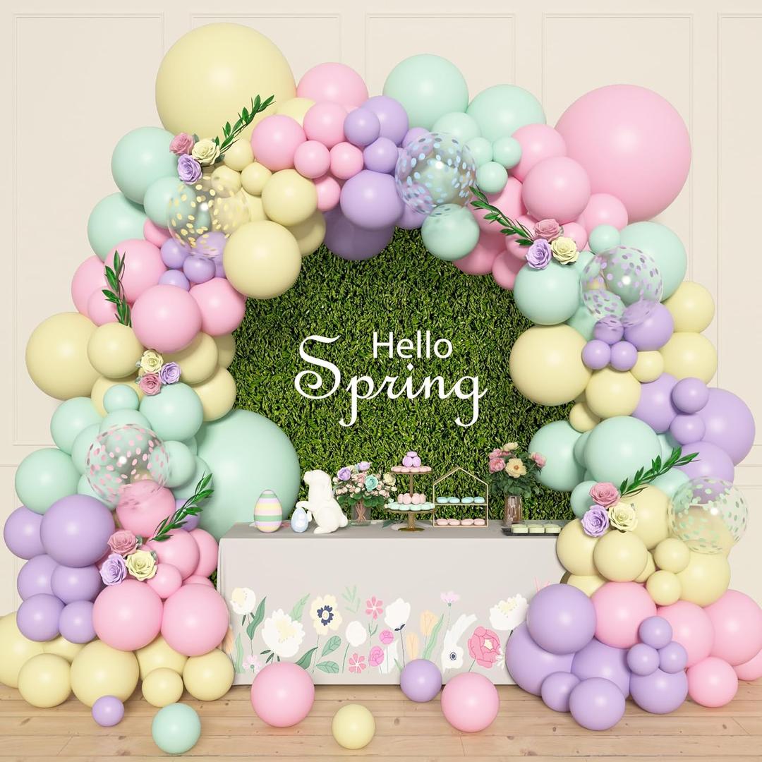 Amandir 153pcs Pastel Balloons Garland Arch Kit, Different Sizes 18 12 10 5inch Pastel Pink Yellow Green Purple Confetti Easter Balloons for Bunny Hunt Spring Baby Shower Birthday Party Decorations (Pastel)