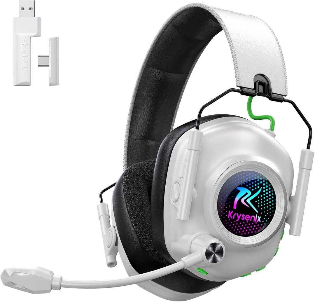 Wireless Gaming Headset with Noise Canceling Microphone for PC, PS5, PS4, Switch, Mac, 2.4 GHz Wireless & Bluetooth 5.4 Gaming Headphones, Cool RGB Lighting, 50Hr Battery, 50mm Drivers(White Black)