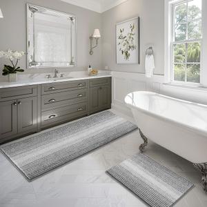 BSICPRO Bathroom Rugs and Mats Sets, 2 Piece Thick Absorbent Chenille Bath Mat Rug Set Non Slip, Soft Shaggy Bath Room Floor Mats for Bathroom, Machine Washable (Gray, 24" x 70" Plus 20" x 32")