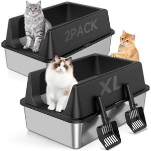 2 Pack XL Stainless Steel Litter Box with High Sides Shield for Multi Cat, Extra Large Tall Wall Open Top Deep Metal Pan for Big Cats, Anti-Leak Non-Stick Odor Control, 2 Scoops Included, Black
