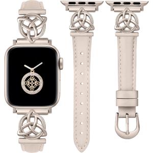Minyee Compatible with Apple Watch Bands Leather 38/40/41/42/44/45/46/49mm Women, Slim Dressy Leather Strap with Celtic Knot Triquetra Metal Buckle for iWatch Series 11 10 9 8 7 6 5 4 SE/Ultra 3 2 1 (Starlight/Starlight)