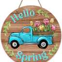 Deroro Hello Spring Blue Truck Sign for Front Door Decor, Tulip Flowers Pickup Wood Door Hanger for Outdoor Outside Porch, Rustic Farmhouse Wooden Wreath Indoor Wall Hanging Decoration