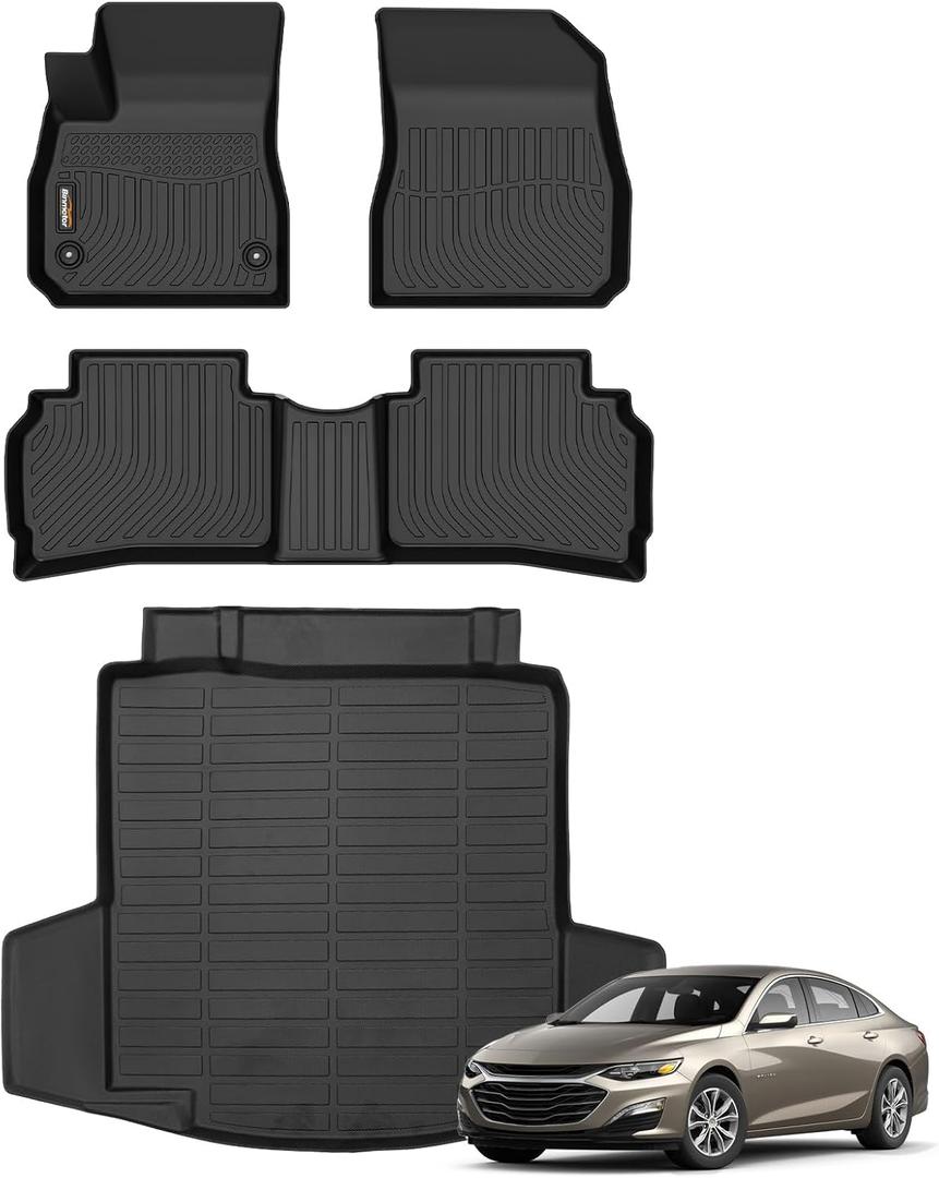 Binmotor-All Weather Car Floor Mats for Chevrolet/Chevy Malibu 2016-2025, Waterproof TPE Mats Floor Liners for Chevy Malibu Cargo Trunk Liner Accessories Mat-Black