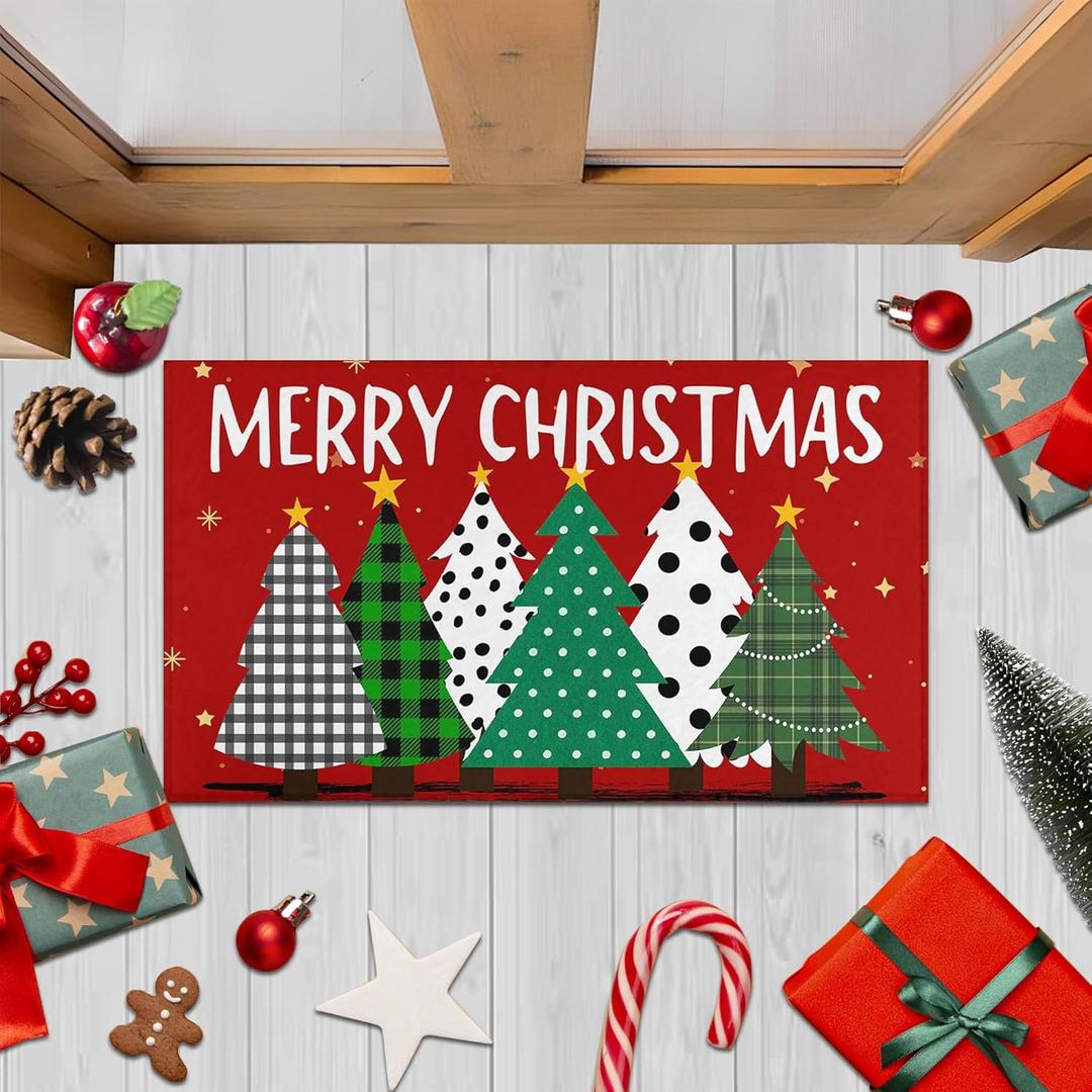 Buffalo Plaid Xmas Trees Merry Christmas Door Mat 30"x17" Red, Seasonal Xmas Door Mat Non-Slip Washable Low-Profile Indoor Outdoor Winter Holiday Doormat (1'5" x 2'6" (Rectangular)